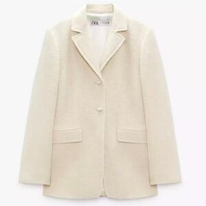 Zara Tweed Textured Blazer Jacket w/Pockets, Pearl Buttons, Ivory, Medium